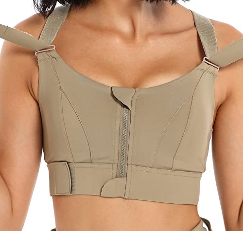 CLOUSPO Sujetador deportivo para mujer, cierre frontal, alto impacto, postcirugía, correr, yoga, cremallera, parte delantera, con correas ajustables, verde, XXL