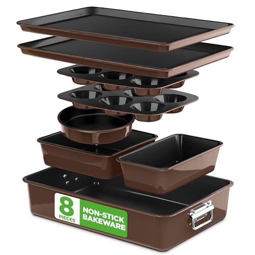 NutriChef 8-Piece Nonstick Stackable Bakeware Set - PFOA, PFOS, PTFE Free Baking Tray Set w/Non-Stick Coating, 450°F Oven Safe, Round Cake, Loaf, Muffin, Wide/Square Pans, Cookie Sheet (Brown) by NutriChef - Used condition - US$55.04