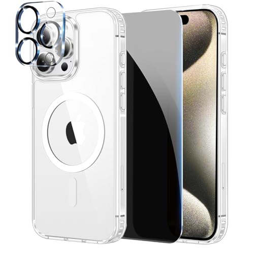 LWLFEKA for Magnetic iPhone 15 Pro Max Case with Privacy Screen Protectors & Full Camera Cover,Compatible with MagSafe Clear Case for iPhone 15 ProMax Slim Shockproof Protection Case-Transparent