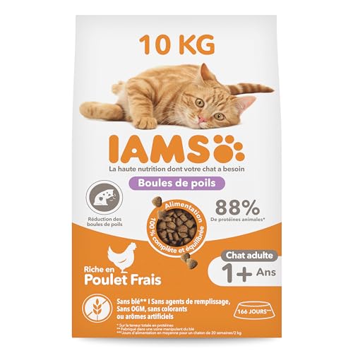 IAMS Vitality – Croquettes Chats Adultes et Séniors Anti Boules de Poils – 100% Complètes et équilibrées – Au Poulet – Sans OGM Colorant Arôme Artificiel – Sac refermable de 10 kg