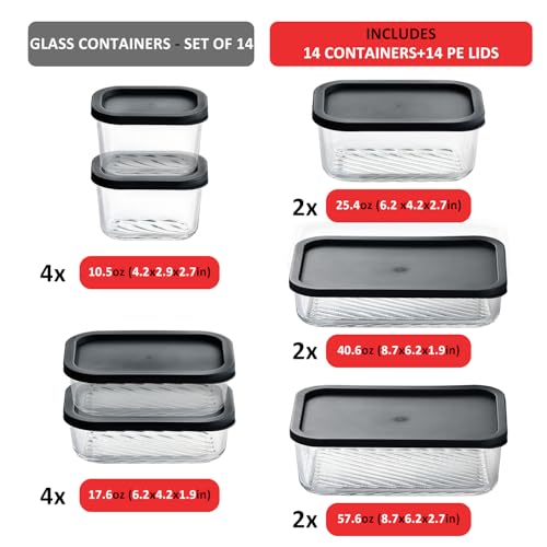 EATEX 14 Pack Glass Meal Prep Containers with Grooved Base, 14 Stackable BPA Free Glass Storage Containers with Lids for Lunch, Pantry, and Kitchen - Microwave, Dishwasher Freezer & Oven Safe - Black by EATEX - Image 2
