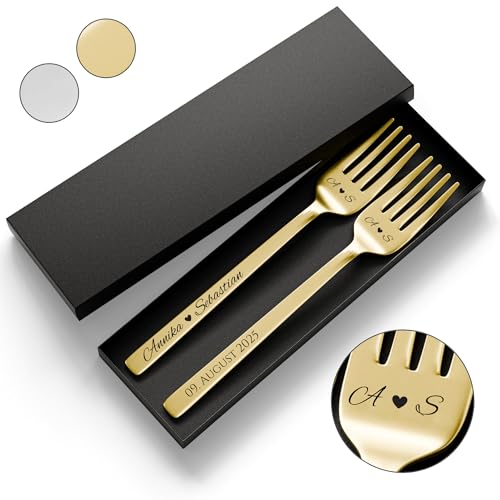 SMARTEON Gabel Set mit personalisierter Gravur – Hochzeitsgeschenke für Brautpaar, Geburtstag, Jubiläum, Geschenkidee für Paare – Kuchengabeln...