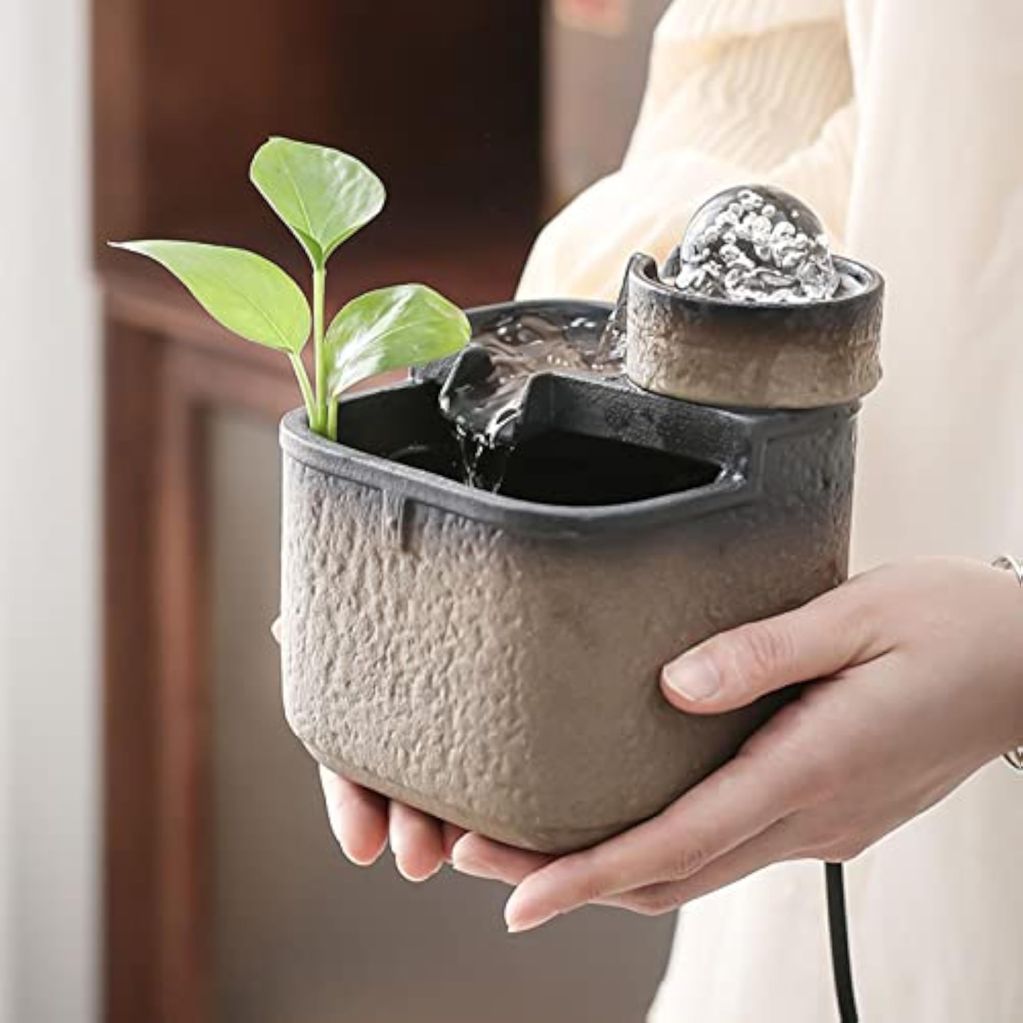 Indoor Waterfall Feature Tabletop Fountain with Rolling Ball Brown