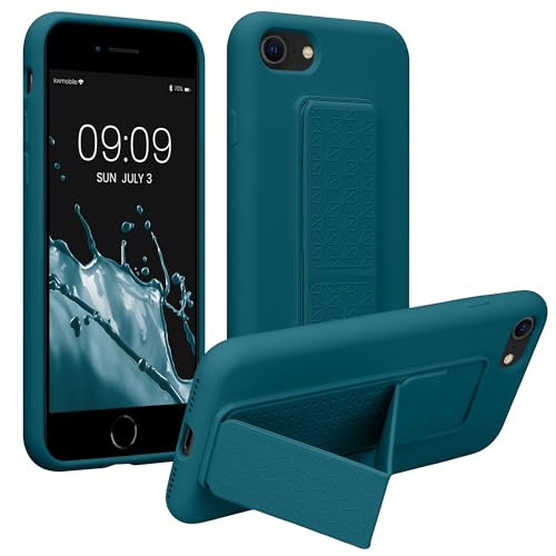 kwmobile Case Compatible with Apple iPhone SE (2022) / iPhone SE (2020) / iPhone 8 / iPhone 7 - Case with Hand Strap and Stand Soft TPU Silicone Coating - Teal Matte