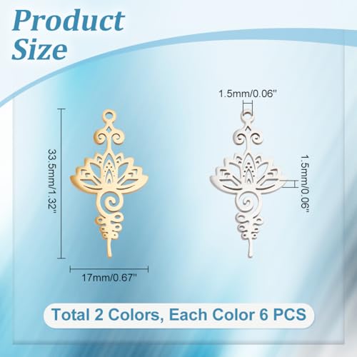 UNICRAFTALE about 12 Pcs 2 Colors Lotus Charms Hollow Lotus Flower Charms Stainless Steel Charms Yoga Charms Lotus Pendants Metal Charms Mini Charms Pendant for DIY Necklace Bracelet Jewelry Making - Image 3