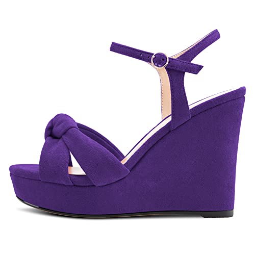 NobleOnly Donna Chunky Blocco Alto Zeppa Piattaforma Tacco Aperte sulla Punta Sandali Cinturino alla Caviglia Nodo Fiocco da Matrimonio Ufficio 10 CM Heels Viola Scamosciato 36 EU