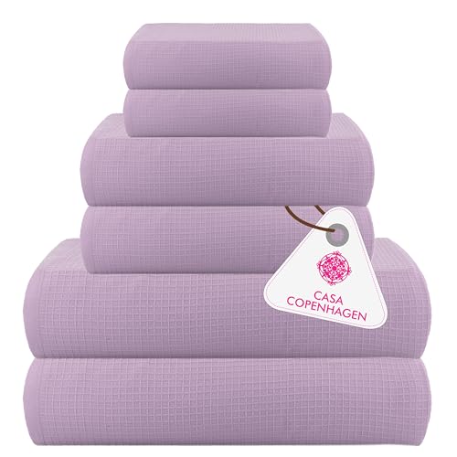 Image of Casa Copenhagen, Egyptian Cotton - Waffle Terry Towel 6 Piece Set, Includes 2 Bath Towels 2 Hand Towels 2 Washcloths - Purple Rose