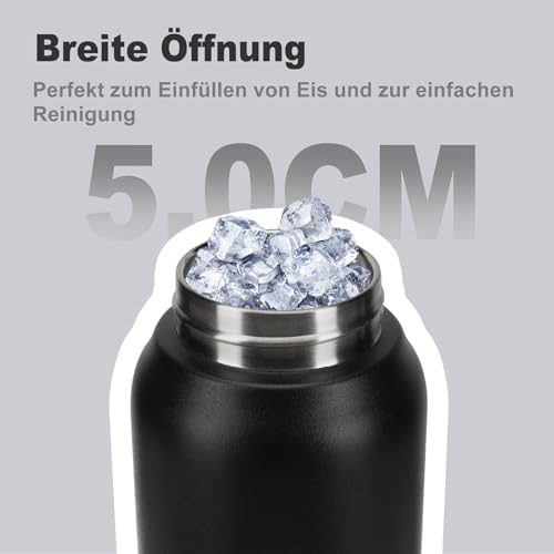 UZSPACE Edelstahl Trinkflasche 1l (970ml), Isolierte Thermosflasche mit 1-Klick-Öffnung, 100% Auslaufsicher, Sport Wasserflasche für Wandern Sport Fitness Gym Outdoor, Schwarz