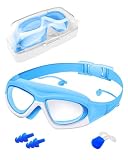 Hingue Lunettes de Natation pour Enfants avec Protections Nez et Oreilles, Verres Larges Anti-Buée et UV, Ajustement Confortable pour Filles et Garçons, Bleu