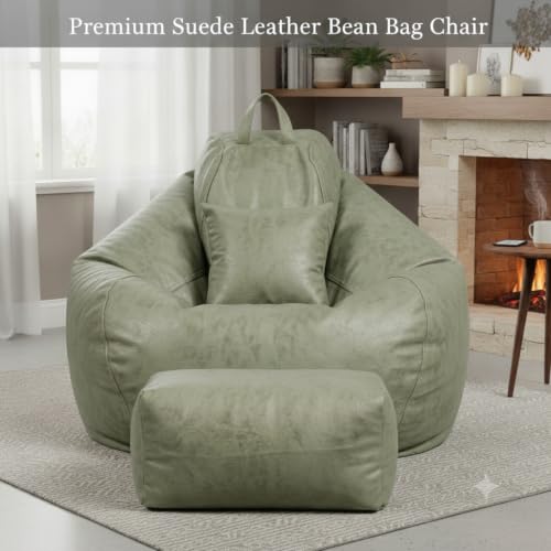 Image of 5XL Suede Bean Bag Chair with Footrest & Cushion | Filled with High Density Polystyrene Beans | Premium Soft Fabric | Teardrop Design with Handle | Ready to Use Color- (GREEN, Bean Bag Set)