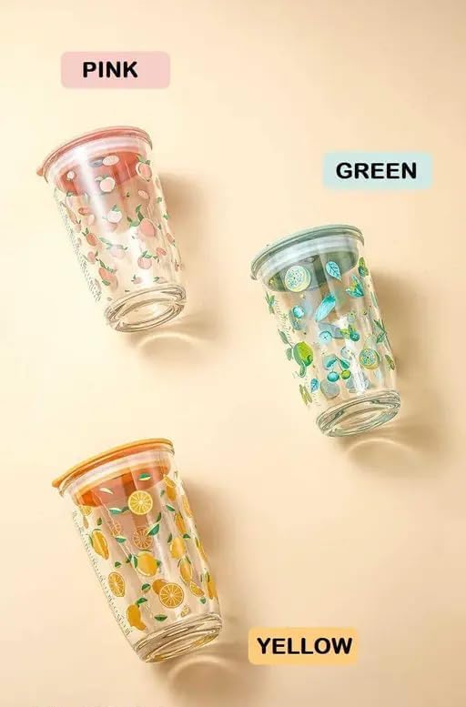 Image of Round Wave Cola Mug Can Sipper with Straw - 530ml Reusable Aesthetic Glass Tumbler for Juice, Milk, Smoothies, Iced Coffee, Tea, Water & More - Durable Drinking Cup (Printed Fruit Bottle)