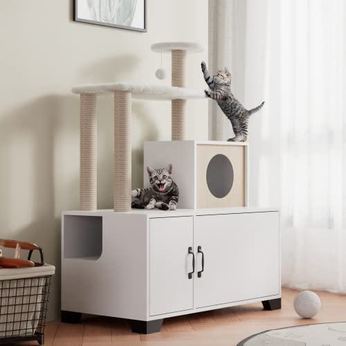 Wishive Litter Box Enclosure With Cat Tree, Cat Litter Box Enclosure, Cat Litter Box Furniture With Cat Tree Tower, Indoor Cat House With Sisal Scratching Post, Pet Washroom For Large Cats #TOP6