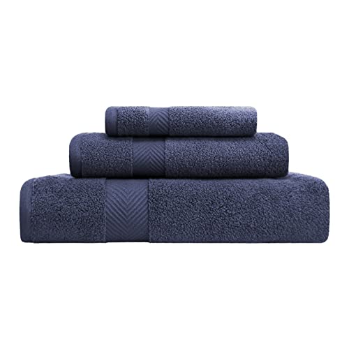 Superior Zero Twist 100% Cotton Towel Set - 3-Piece Set, Extra Soft Bath Towel, Face Towel And Hand Towel, Long-Staple Cotton Towels, Midnight Blue #TOP24