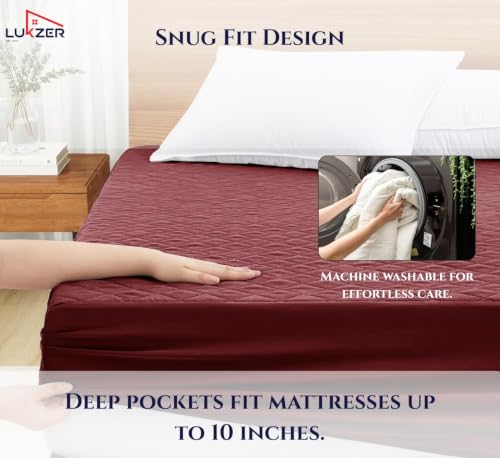 Image of Lukzer 100% Waterproof Quilted Mattress Protector Maroon Queen Size 72 x 60 Inches (6 x 5 ft) Cotton-Feel Bed Protector Soft Noiseless Hypoallergenic Breathable Elastic Fitted Mattress Cover /Bed Cover