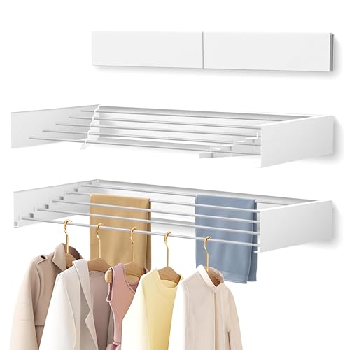 Laundry Drying Rack Collapsible, Wall Mounted, Clothes Drying Rack, 31.5" Wide, 15.7" Linear Ft, 5 Aluminum Rods, 45 lb Capacity, with Wall Template, Screwdriver Bit (White-31.5") by Sepezz - Used condition - CA$35.23