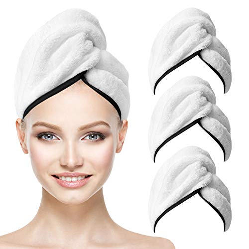 Microfiber Hair Drying Towels with Button 3 Pieces Super Soft Absorbent White Quick Dry Anti-frizz Hair Towel Wraps for Women Long &Curly Hair 9.1×24 Inches