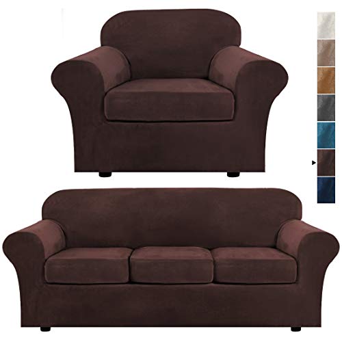 H.VERSAILTEX Velvet Plush Armchair Cover Bundles Sofa Cover for 3 Cushion Couch, Furniture Protector, Ultra Soft, Removable and Washable, Brown