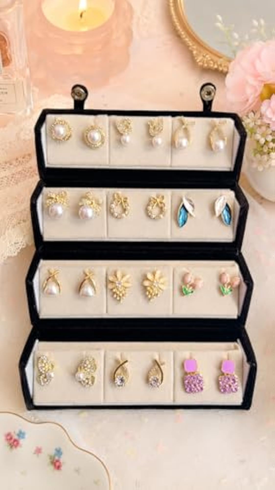 Velvet Earring Storage Case, Foldable Travel Jewelry Box
