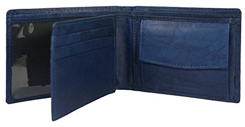 Genuine Goat Leather Bifold Slim Thin Mens Wallet Center Flap Credit Card ID Blue