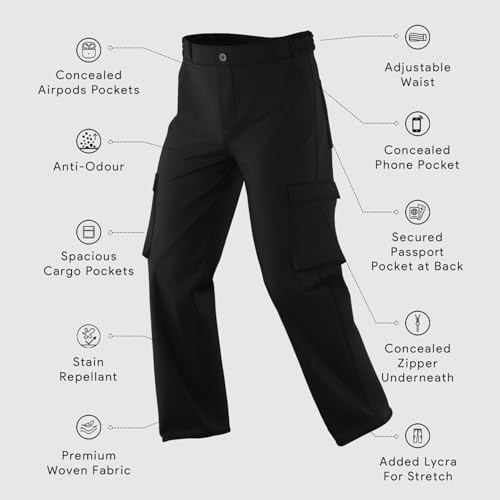 Image of NOBERO Men's Straight Fit Mid Rise Wanderer Travel Cargo Pants | Multiple Pockets | | Lowers for | Casual Wear | Sports | Gym | Trek | Lowers