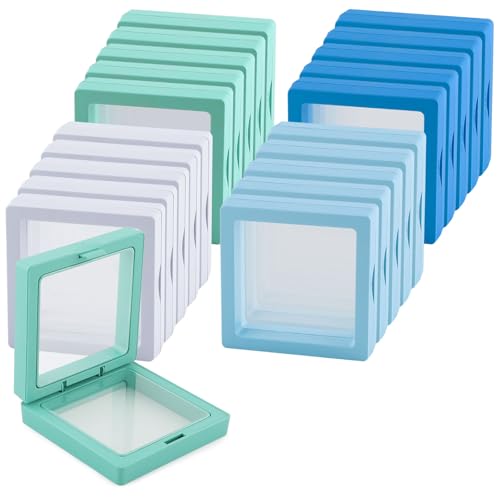20 Pcs 3D Floating Display Case 3.5x3.5x0.8inch, Challenge Coin Display,Transparent PE Jewelry Storage Box,Floating Display Holder Stands for Antique Challenge Coins Medallion Stamps(Blue Green White)
