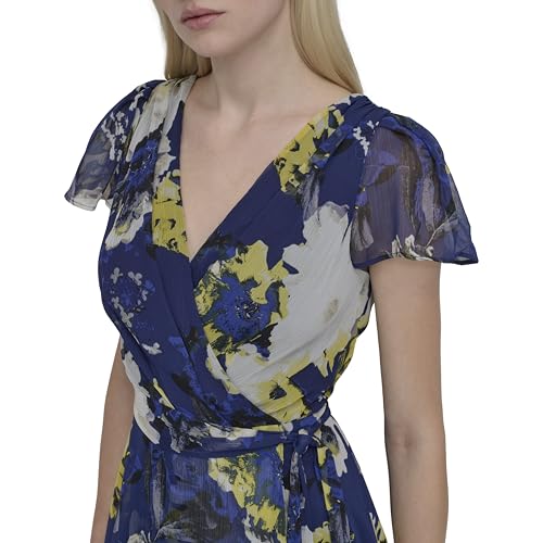 Image of DKNY Women's Flutter Sleeve Surplice Tie Fit & Flare Midi Dress