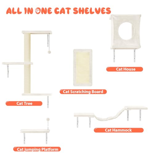 NUNU LAB Cat Wall Shelves PT012-BE-VC Mueble de Pared para Gatos 5 Piezas con Casa, Puente, Escalones y Poste Rascador Beige miniatura 3