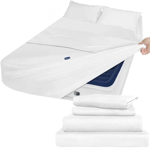 Extra Deep Pocket Air Mattress Twin Sheet Set White - 4 Piece Set Side Storage Pocket Fitted Sheet & Pillowcase & Flat Sheet - 16in to 24in Pillow Top Fits for Kids Air Bed Mattress