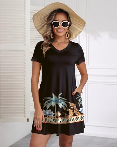Image of COSSEN Women's Casual T Shirt Dress V-Neck Short Sleeves Swing Dresses Birthday Party Summer Travel Beach with Pocket