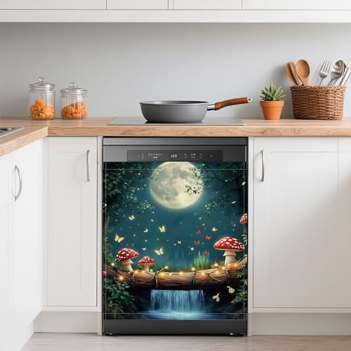 Image of Dishwasher Cover,Red Mushroom Reusable Dishwasher Magnet Cover,Decorative Moon Night Butterfly Magnetic Refrigerator Cover Front Panel Cover for Kitchen Decor 23x26 Inch