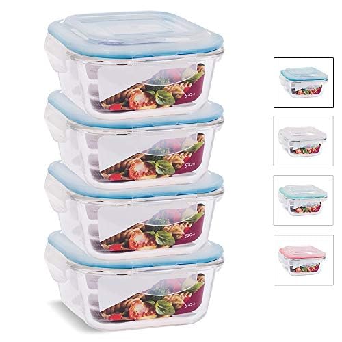 KIT 4 Potes de Vidro Quadrado com Tampa Hermética 520ml Cor:Azul (QH)