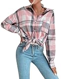 Korebow Womens Fashion Flannel Buffalo Plaid Shirt Button Down Long Sleeve Casual Loose Collared Shirts Blouse Top(0258-Pink-XL)