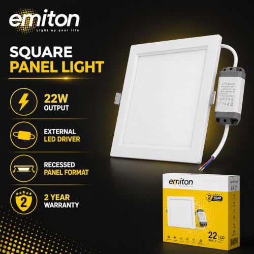 Image of EMITON 22W LED Square Panel Light | LED Ceiling Light with Driver | Energy Efficient Indoor Lighting for Home, Office, Bedroom, Living Room, Shop & Commercial Spaces | White