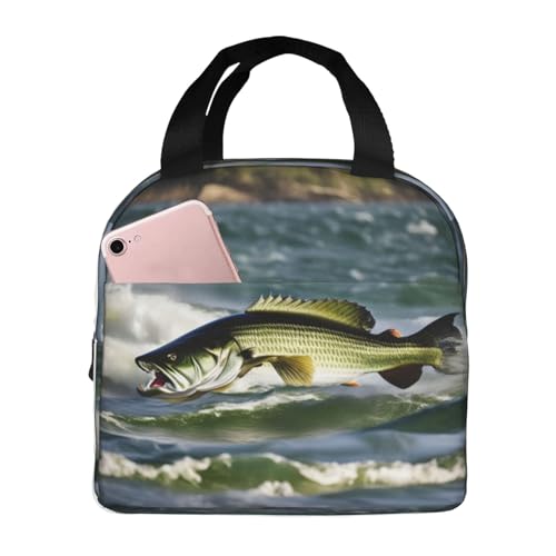 JGHHOUN Bolsa de almuerzo aislada con diseño de ondas de pesca de lubina, construcción de tela Oxford, propiedades transpirables