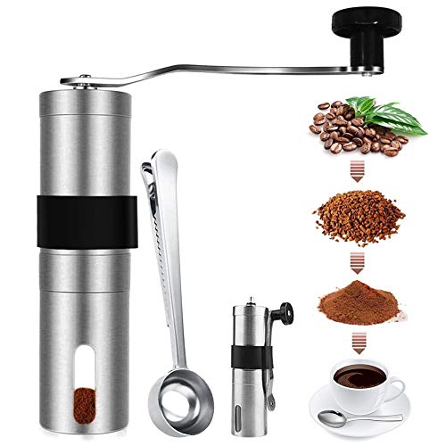 Los 10 mejores porlex mini ii para moler en viaje RZJZGZ Mini molinillo de café de mano de acero inoxidable, portátil, molinillo de granos de expreso, ajustable, pequeño, para camping, viajes, oficina, con clip de cuchara para tu hogar, oficina,