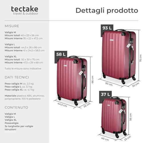 Tectake® Set 3 Valigie, Rotelle Girevoli, Trolley Rigidi In Abs, Maniglie Telescopiche, Lucchetti A Combinazione, Set Viaggio Con Bilancia Ed Etichette Per Bagagli - Rosso Vino - 5