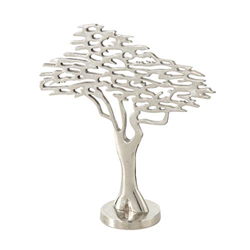 Savannah Tree Of Life Table Top Metal Figurine, Made By Hand, Silver Aluminium, Atelier Sculpture Studio, Trunk, Abstract Leaf And Branch Details, Circular Base, 11.75 L X 4 W X 13 H Inches (33 Cm) #TOP12