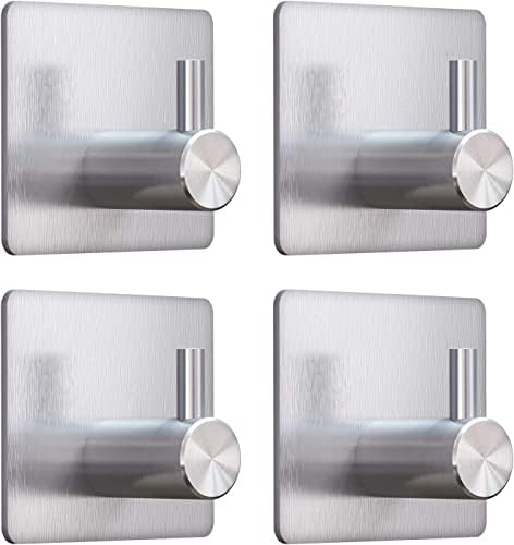 UKALOU Self Adhesive Hooks, Silver Adhesive Bathroom Shower Wall Towel Door Hooks Heavy Duty Waterproof Stainless Steel Kitchen Self Adhesive Sticky Hooks for Towel Robe Loofah Washcloth Coat - 4 Pcs