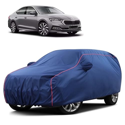 Image of Sulfar 100% Water Resistant Car Body Cover Compatible with Mirror for Skoda Octavia (Triple Stitched, Full Bottom Elastic, Blue Taffeta with Red Piping)