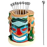 Lexenic Exclusive Cocktail Picks with Countertop Ornament Tiki Holder, 4.3" 304 Stainless Steel Martini Garnish Skewers, Reusable Metal Toothpicks for Olives, Appetizers & Fruit, Party -12 Pack