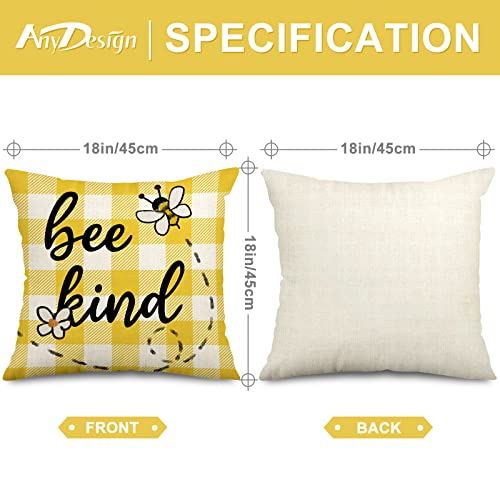 Anydesign Bee Happy Bee Kind Pillow Covers 18 X 18 Inch Yellow White Buffalo Plaids Bee Throw Pillow Case Summer Gnome Decorative Pillow Case Cushion Cover For Home Office Farmhouse Sofa, Set Of 4 #TOP1