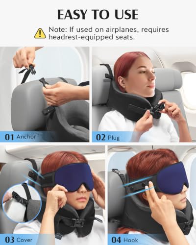 Image of YFONG Travel Pillow with Head Support & Sleep Mask for Long Flights, Blue | Patented 360 Support System, Prevents Bobbing, Airplane Head Strap, 3D Eye Mask, Memory Foam Neck Pillow, Travel Essential