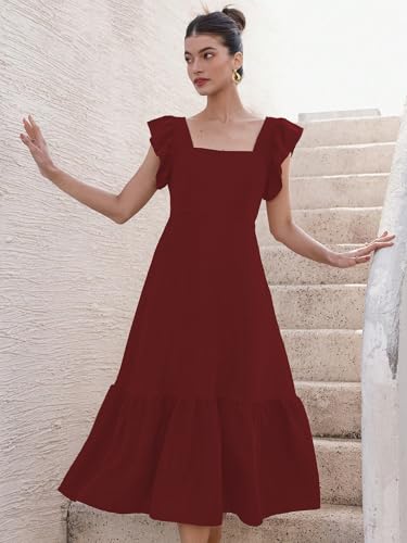 Image of Sugathari Girl's & Women's Solid Color Square Neck, Ruffle-Trimmed Hem Sleeveless, Ruffle Armhole and Casual Dress with Cinched Waist Vacation Outfits Woman (Dress 176)