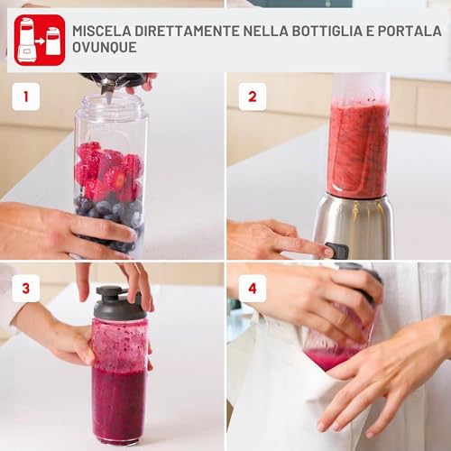 Moulinex Mix&Move Mini Frullatore Portatile, 2 bottiglie 600 ml, 300 W, Design Compatto, Lame Rimovibili, Frullatore Smoothie con Controllo Semplice, Argento, LM15FD - Immagine 3