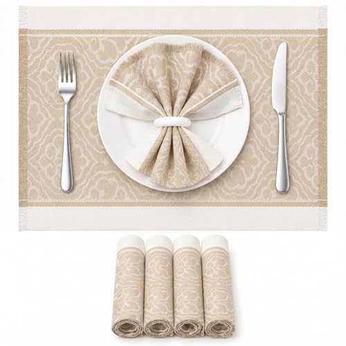 Placemats Set of 6, 13.8 x 17.7 Inch, Polyester, Jacquard Woven Polyester-13.8 X 17.7inch-light Beige