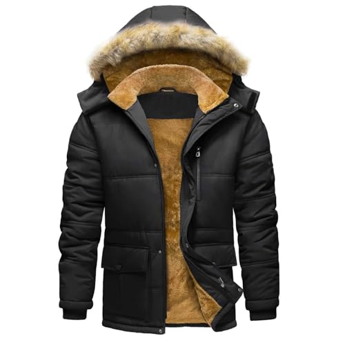Floleo Winter Coats for Men Puffer Warm Thicken Puffer Jackets with Fur Hood Fleece Lined Parka Zipper Padded Coat Overcoat
