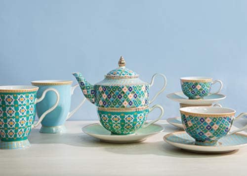 Maxwell & Williams Teas & Cs Kasbah Teapot and Cup Set for 1 with Infuser in Gift Box, Porcelain, 380 ml, Mint Green