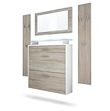 Vladon Garderobe Malea, Garderobenset bestehend aus 1 Hängeschuhschrank, 1 Wandspiegel und 2 Garderobenpaneele, Weiß matt/Eiche Sägegrau