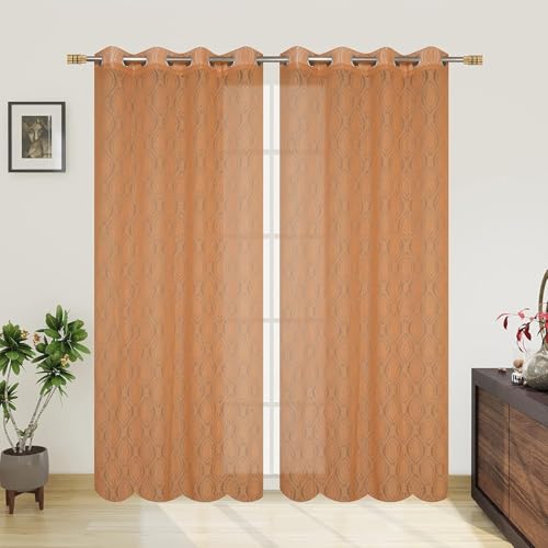 Image of Fabrilia Polyester Sheer Net Damask Design Semi Transparent Eyelet Long Door Curtains 9 feet Set of 2- Brown