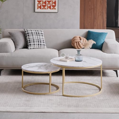 BenyLed Juego de 2 Mesa Nido Salon, Mesa Nido Pequeña para Salón o Comedor Oficina, Aspecto de Imitacion Mármol Blanco, Grande: 80 * 80 * 45cm, pequeña: 60 * 60 * 35cm (Blanco/Oro)